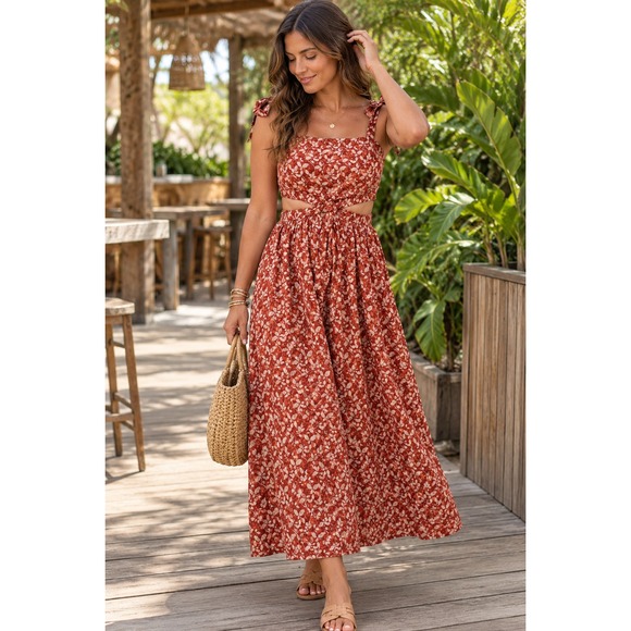 NATURAL LIFE Dresses & Skirts - Natural Life Women Red Floral Cut Out Maxi Dress Tie Strap Smocked Size Medium